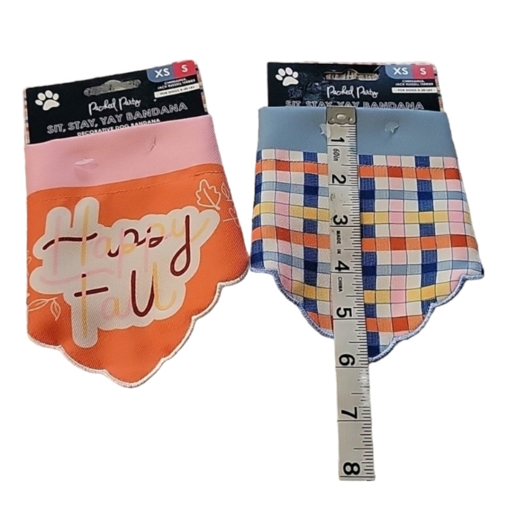 Packed Party Bandana "Happy Fall" Spelled Out Org/Pink Halloween Blue Plaid XS/S